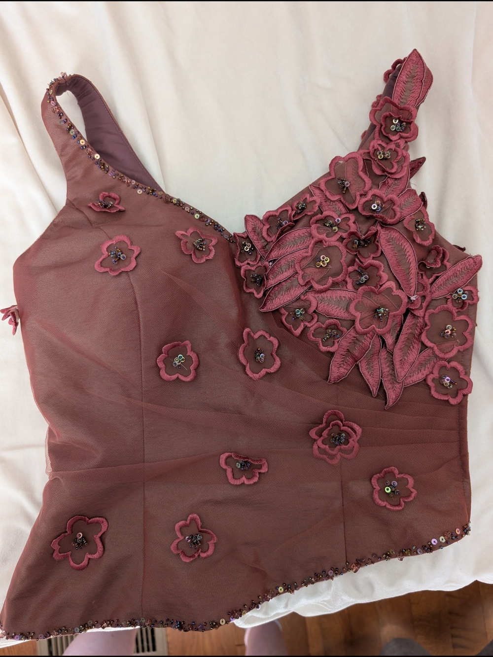 Y2K Style Terani Couture Mauve Floral Appliqué Crop Top